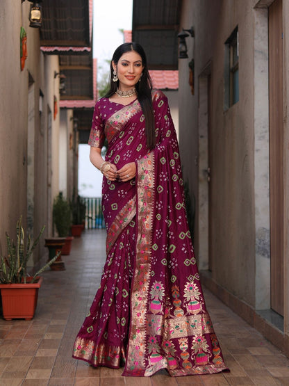 Rajwada Magenta Wine Silk Blend Embroidered Saree For Women
