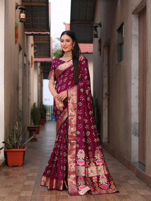 Rajwada Magenta Wine Silk Blend Embroidered Saree For Women