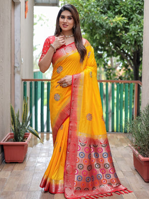 Rajwada Yellow Silk Blend Embroidered Saree For Women