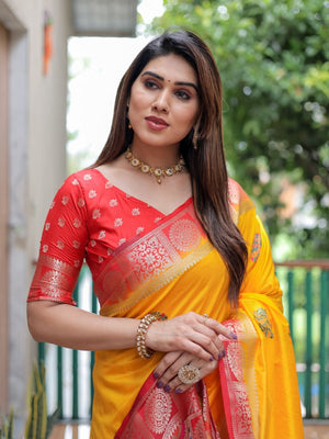 Rajwada Yellow Silk Blend Embroidered Saree For Women