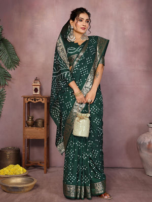 Rajwada Dark Green Silk Blend Printed Saree For Women