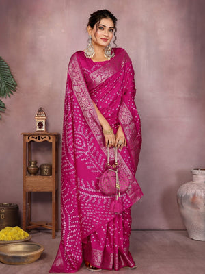 Rajwada Dark Pink Silk Blend Printed Saree For Women