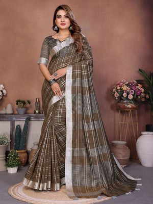 Rajwada Brown Cotton Blend Checkered Saree For Women