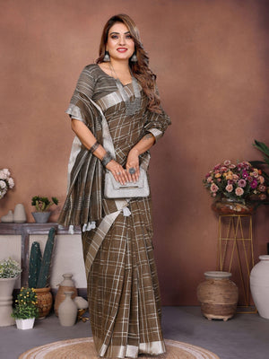 Rajwada Brown Cotton Blend Checkered Saree For Women
