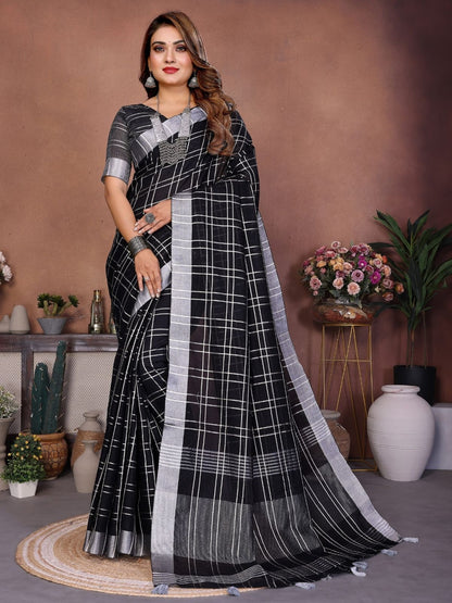 Rajwada Black Cotton Blend Checkered Saree For Women