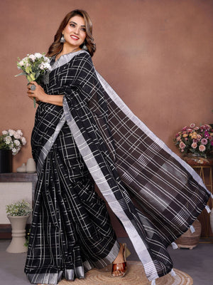 Rajwada Black Cotton Blend Checkered Saree For Women