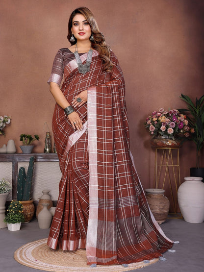 Rajwada Light Brown Cotton Blend Checkered Saree For Women