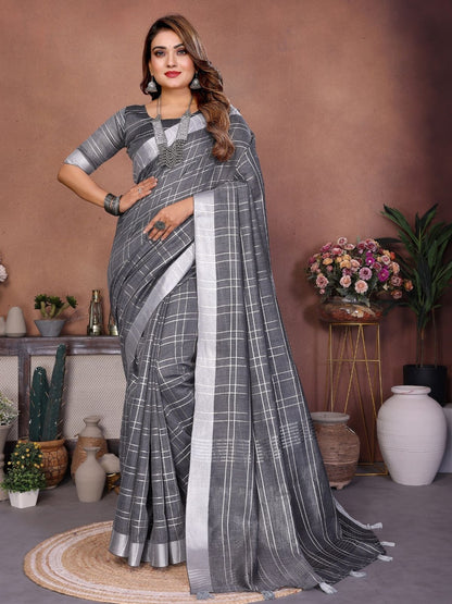 Rajwada Grey Cotton Blend Checkered Saree For Women