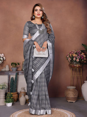 Rajwada Grey Cotton Blend Checkered Saree For Women