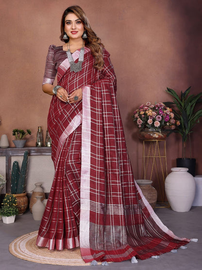 Rajwada Maroon Cotton Blend Checkered Saree For Women