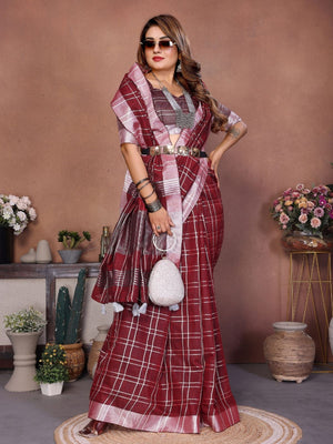Rajwada Maroon Cotton Blend Checkered Saree For Women