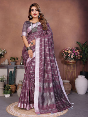 Rajwada Dusty Mauve Cotton Blend Checkered Saree For Women