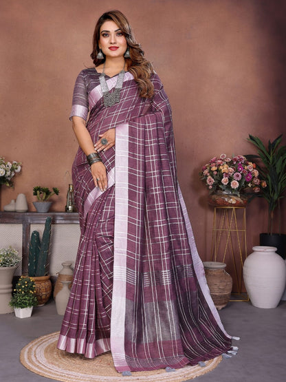 Rajwada Dusty Mauve Cotton Blend Checkered Saree For Women