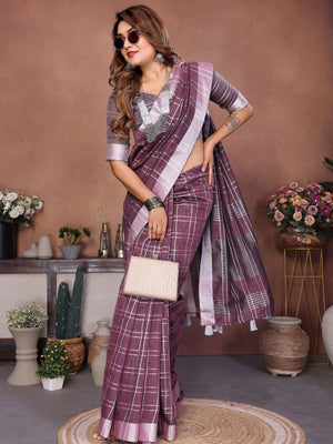 Rajwada Dusty Mauve Cotton Blend Checkered Saree For Women