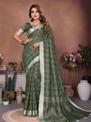 Rajwada Olive Cotton Blend Checkered Saree For Women