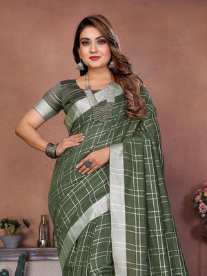 Rajwada Olive Cotton Blend Checkered Saree For Women