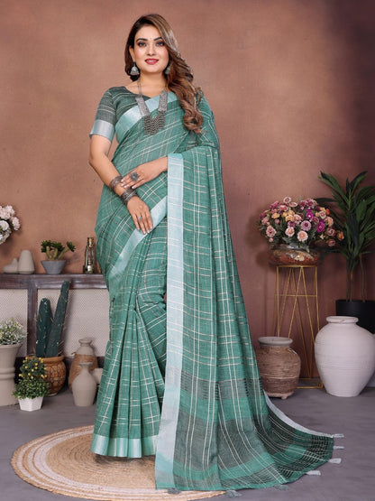 Rajwada Sage Green Cotton Blend Checkered Saree For Women