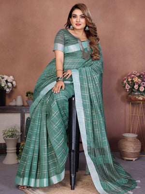 Rajwada Sage Green Cotton Blend Checkered Saree For Women