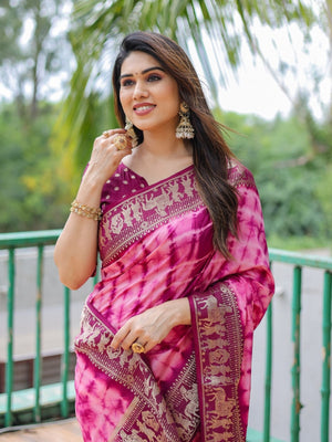 Rajwada Magenta Pink Silk Blend Printed Saree For Women
