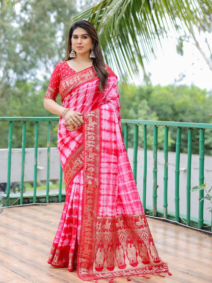 Rajwada Pink And Red Silk Blend Printed Saree For Women