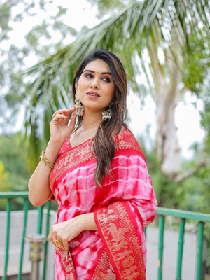 Rajwada Pink And Red Silk Blend Printed Saree For Women