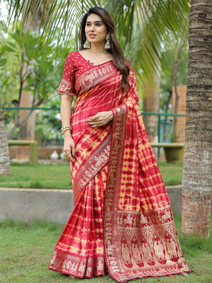 Rajwada Red Silk Blend Printed Saree For Women