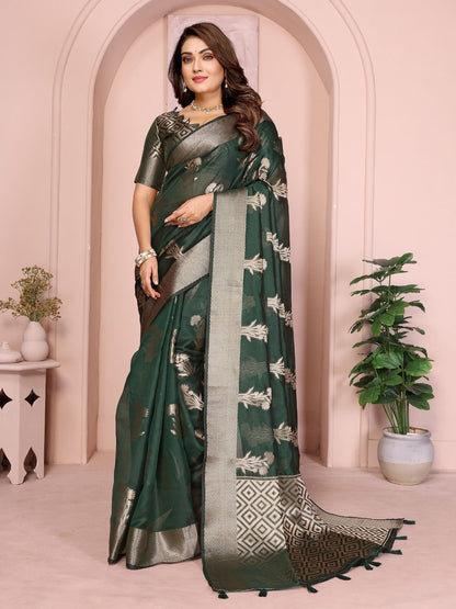 Rajwada Dark Green Silk Blend Printed Saree For Women