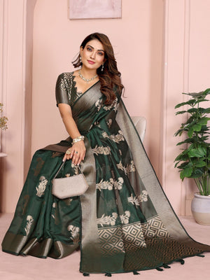 Rajwada Dark Green Silk Blend Printed Saree For Women