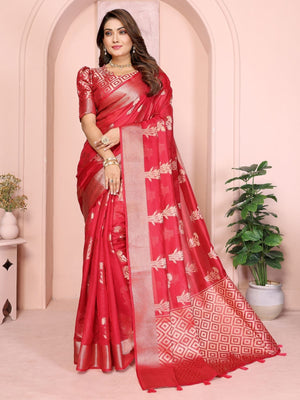 Rajwada Red Silk Blend Printed Saree For Women