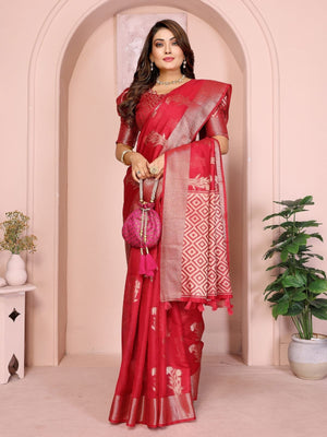 Rajwada Red Silk Blend Printed Saree For Women
