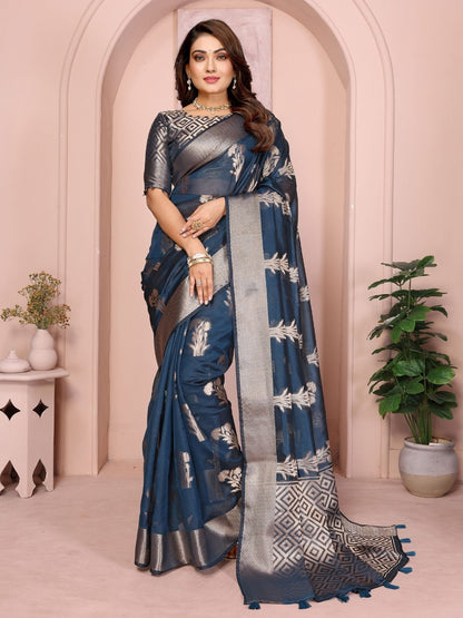 Rajwada Steel Blue Silk Blend Printed Saree For Women