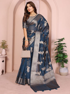 Rajwada Steel Blue Silk Blend Printed Saree For Women