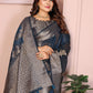 Rajwada Steel Blue Silk Blend Printed Saree For Women