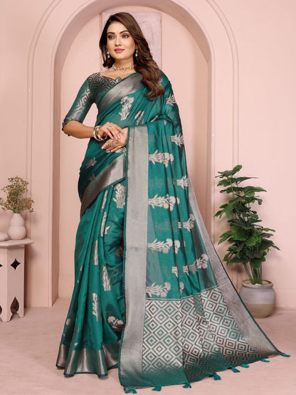 Rajwada Teal Green Silk Blend Printed Saree For Women