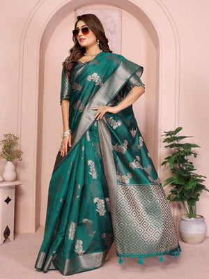 Rajwada Teal Green Silk Blend Printed Saree For Women