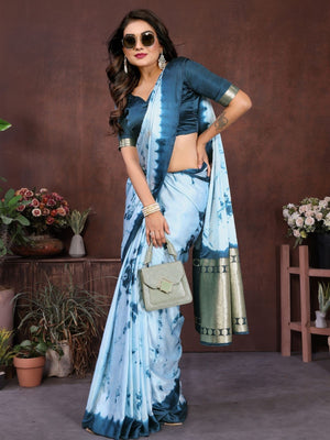 Rajwada Light Blue Silk Blend Printed Saree For Women