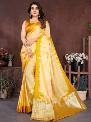 Rajwada Light Yellow Silk Blend Printed Saree For Women