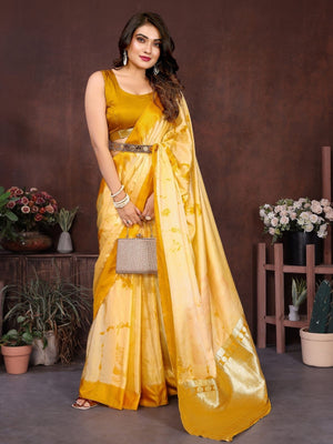 Rajwada Light Yellow Silk Blend Printed Saree For Women