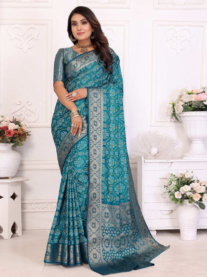Rajwada Teal Blue Silk Blend Printed Saree For Women