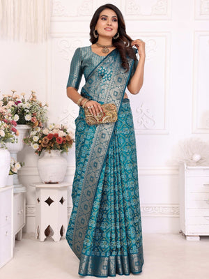 Rajwada Teal Blue Silk Blend Printed Saree For Women