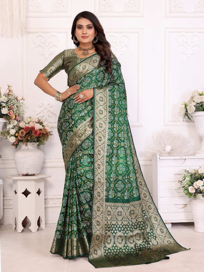 Rajwada Dark Green Silk Blend Printed Saree For Women
