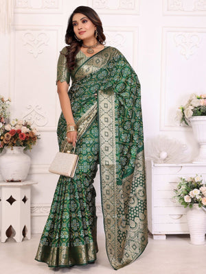 Rajwada Dark Green Silk Blend Printed Saree For Women
