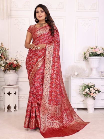 Rajwada Red Silk Blend Printed Saree For Women