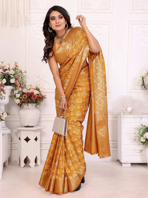 Rajwada Mustard  Yellow Silk Blend Printed Saree For Women