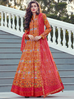 Rajwada Red Silk Printed Stitched Kurta Set For Women