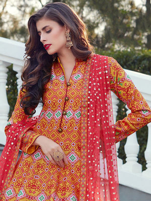 Rajwada Red Silk Printed Stitched Kurta Set For Women