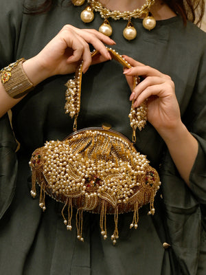 Rajwada Golden Embellished Clutch Bag For Women