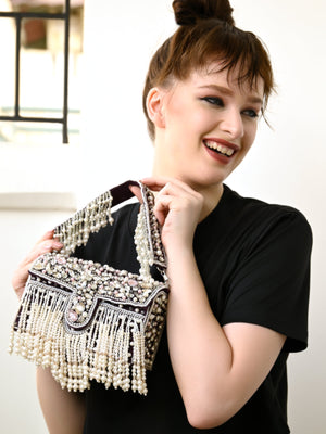 Rajwada Women Violet Beaded Clutch Bag With Tassels