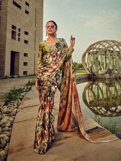 Rajwada Multicolor Satin Printed Saree With Unstitched Blouse For Women