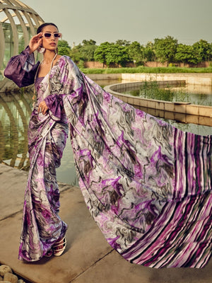 Rajwada Purple Satin Printed Saree With Unstitched Blouse For Women